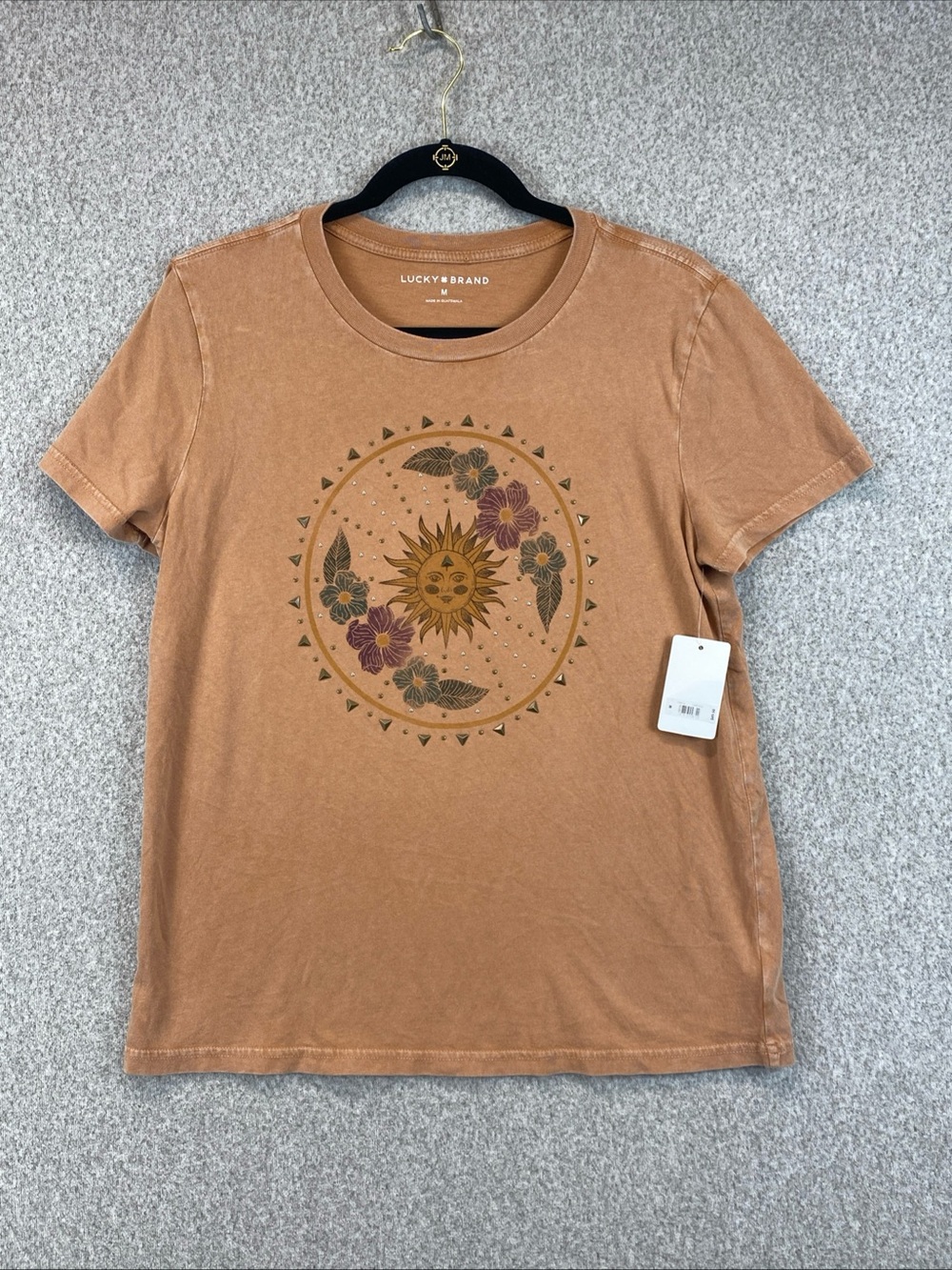 Lucky Brand Sunshine Graphic Tee sun faded brown Studs Womens Med Boho Hippie